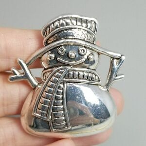 Vintage Best Snowman Pendant Brooch Lapel Pin, Silver Tone, Hat Scarf